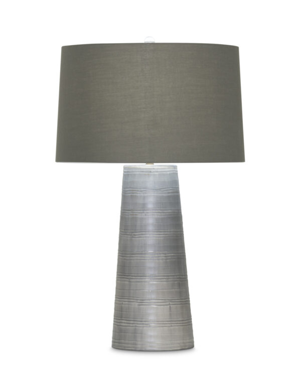 FlowDecor Charles Table Lamp in mouth-blown glass with grey carved finish and taupe cotton tapered drum shade (# 3902)