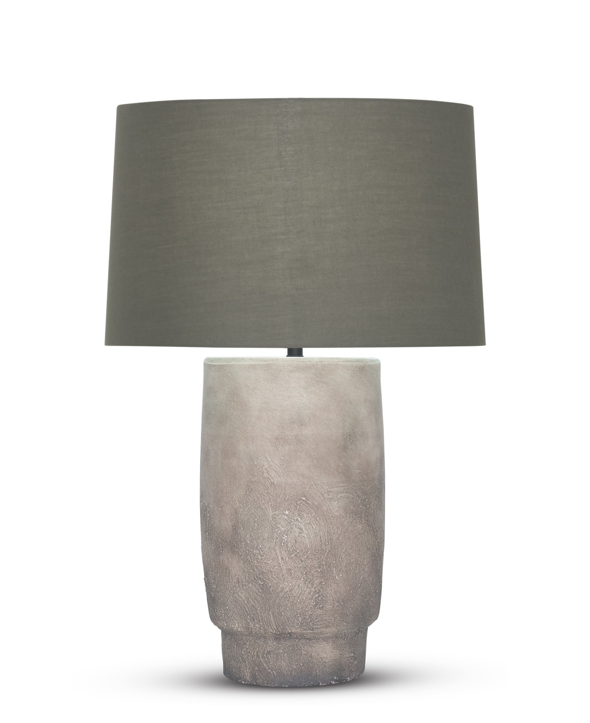 FlowDecor Dobbs Table Lamp in ceramic with earthy beige finish and taupe cotton tapered drum shade (# 4543)