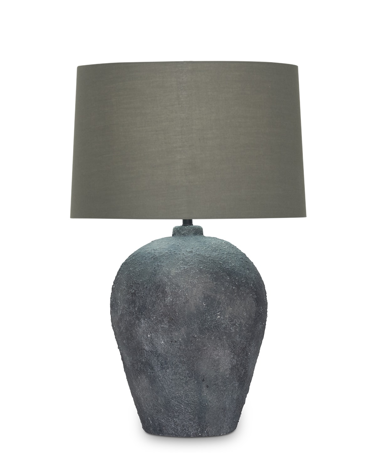 FlowDecor Leigh Table Lamp in ceramic with charcoal matte stipple finish and taupe cotton tapered drum shade (# 4545)