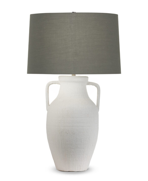 FlowDecor Delilah Table Lamp in ceramic with white finish and taupe cotton tapered drum shade (# 4628)