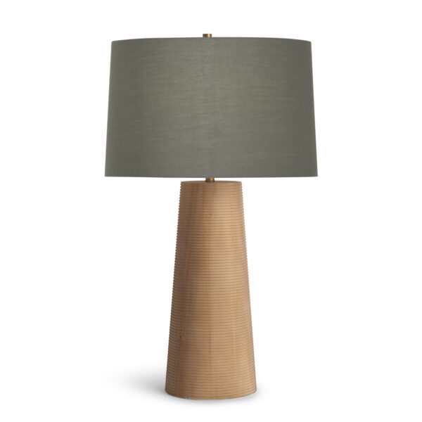 FlowDecor Sanibel Table Lamp in wood with light finish and taupe cotton tapered drum shade (# 4638)