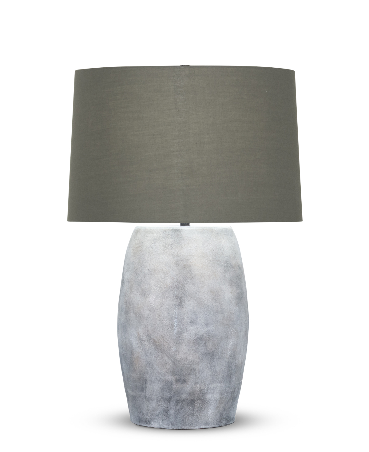 FlowDecor Gabriel Table Lamp in ceramic with grey finish and taupe cotton tapered drum shade (# 4502)