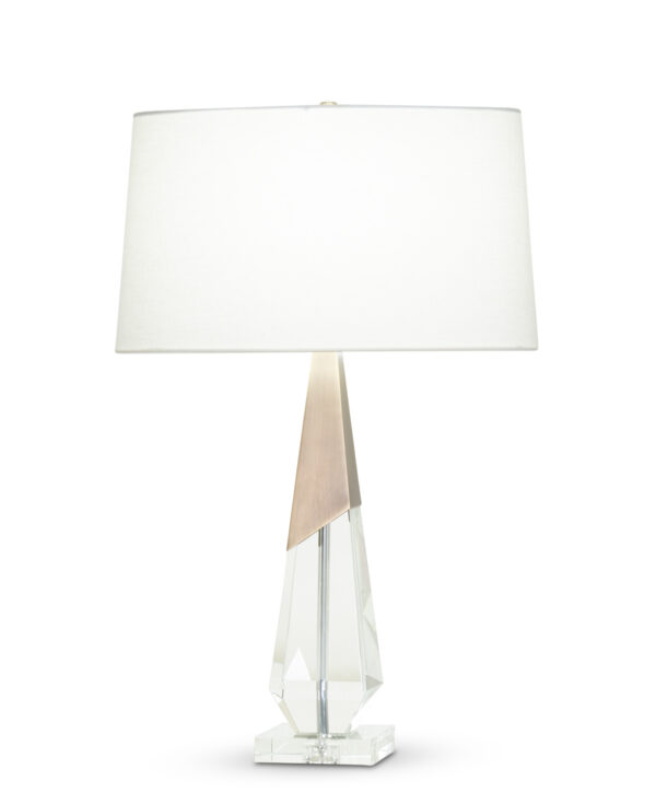 FlowDecor April Table Lamp in crystal and metal with antique brass finish and off-white linen oval shade (# 4367)