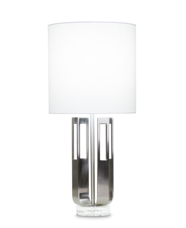 FlowDecor Atticus Table Lamp in metal with brushed nickel finish and crystal base and white linen drum shade (# 4004)