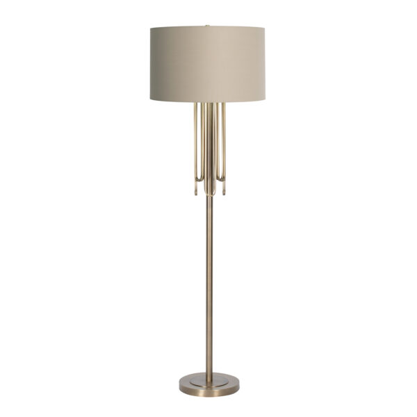 FlowDecor Deanna Floor Lamp in metal with antique brass finish and beige cotton drum shade (# 4486)