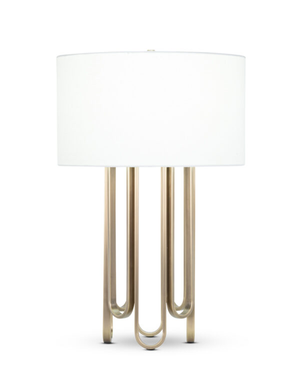 FlowDecor Deanna Table Lamp in metal with antique brass finish and off-white linen drum shade (# 4485)