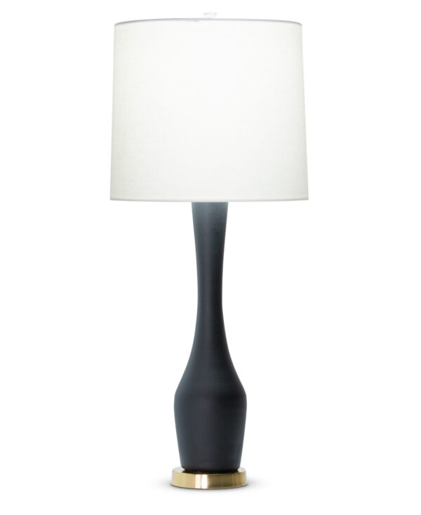 FlowDecor Durst Table Lamp in mouth-blown glass with black matte finish and metal with antique brass finish and off-white linen tapered drum shade (# 4514)