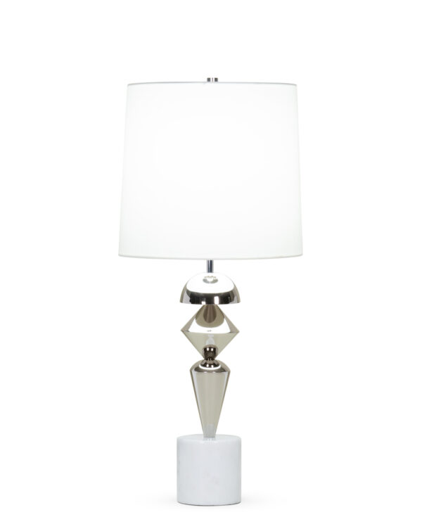 FlowDecor Fraser Table Lamp in white marble and metal with polished nickel finish and off-white cotton tapered drum shade (# 4406)