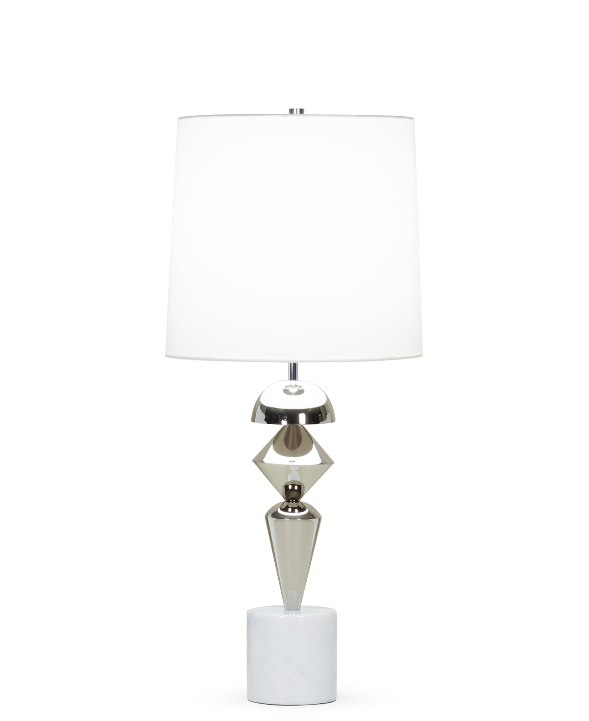 FlowDecor Fraser Table Lamp in white marble and metal with polished nickel finish and off-white cotton tapered drum shade (# 4406)