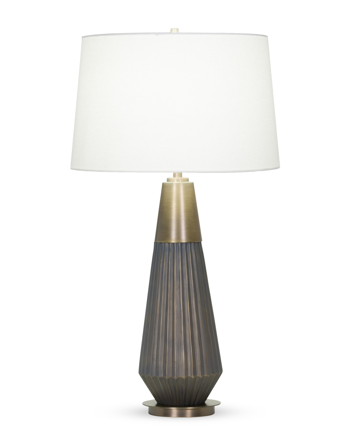 FlowDecor Helena Table Lamp in resin with bronze with brass highlights and metal with antique brass finish and off-white linen tapered drum shade (# 4404)