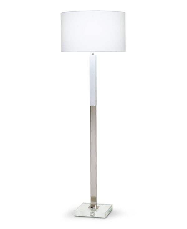 FlowDecor Howard Floor Lamp in white marble and metal with polished nickel finish and crystal and white linen drum shade (# 4355)