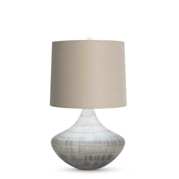 FlowDecor Jackson Table Lamp in mouth-blown glass with grey carved finish and beige cotton tapered drum shade (# 3954)