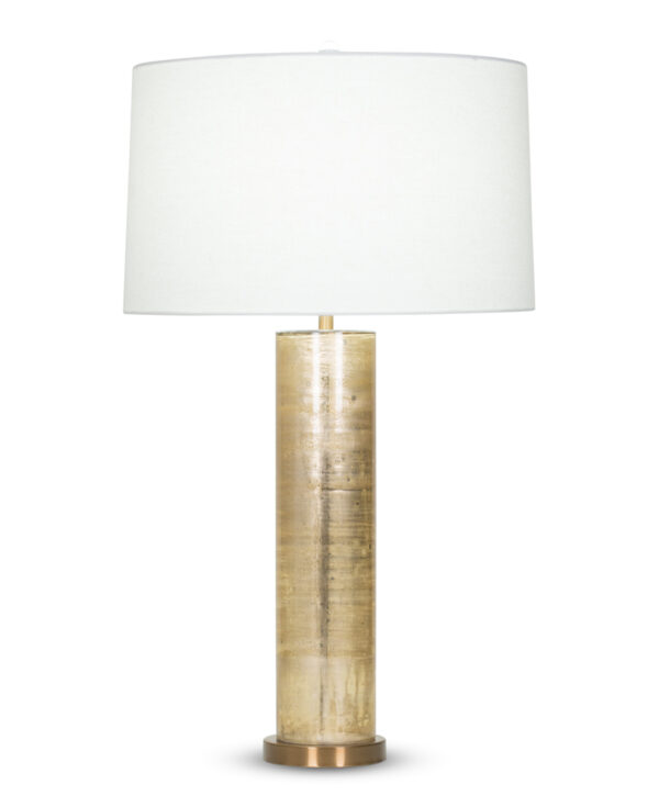FlowDecor Melville Table Lamp in mouth-blown glass with gold metallic finish and off-white linen tapered drum shade (# 4034)