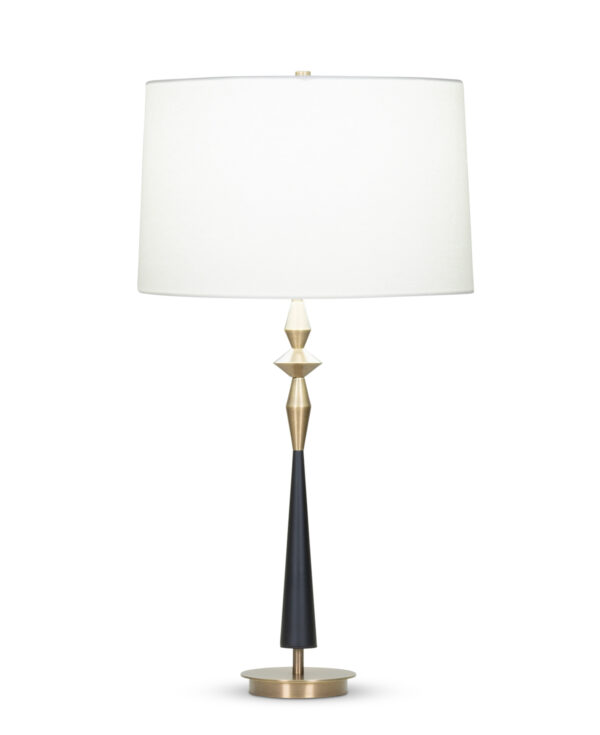 FlowDecor Morrison Table Lamp in metal with antique brass & black matte finishes and off-white linen tapered drum shade (# 4082)