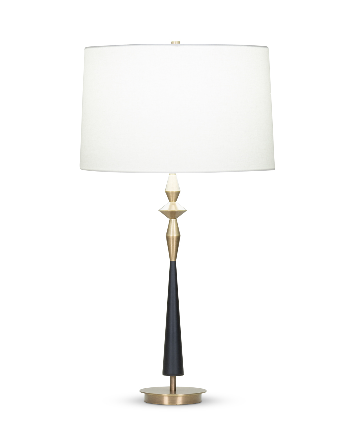 FlowDecor Morrison Table Lamp in metal with antique brass & black matte finishes and off-white linen tapered drum shade (# 4082)