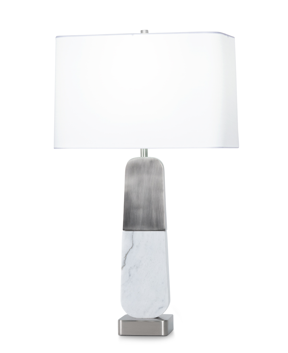 FlowDecor Naomi Table Lamp in white marble and metal with antique silver finish and white linen rounded rectangle shade (# 4559)