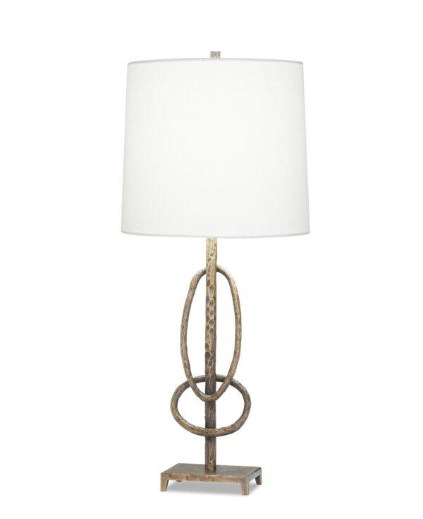 FlowDecor Nora Table Lamp in metal with antique brass finish and off-white linen tapered drum shade (# 4492)