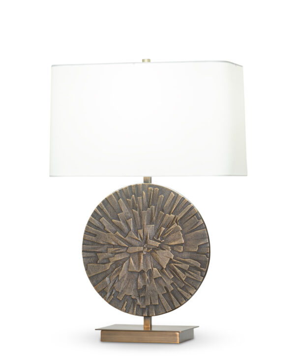 FlowDecor Rory Table Lamp in metal with antique brass finish and off-white cotton rounded rectangle shade (# 4441)