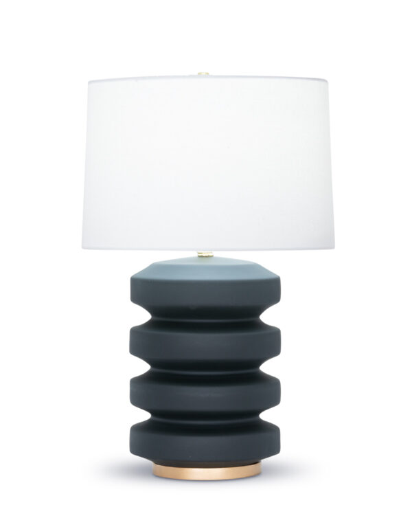 FlowDecor Ruth Table Lamp in ceramic with black matte finish and resin base with gold finish and off-white cotton tapered drum shade (# 4484)