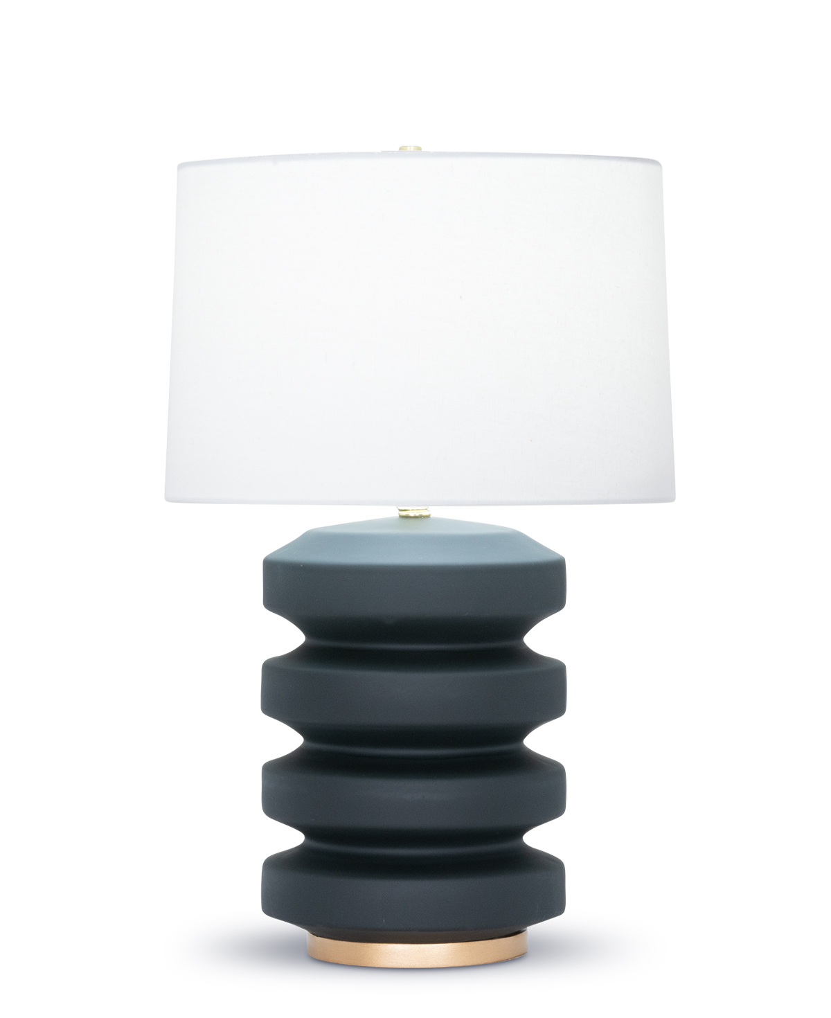 FlowDecor Ruth Table Lamp in ceramic with black matte finish and resin base with gold finish and off-white cotton tapered drum shade (# 4484)