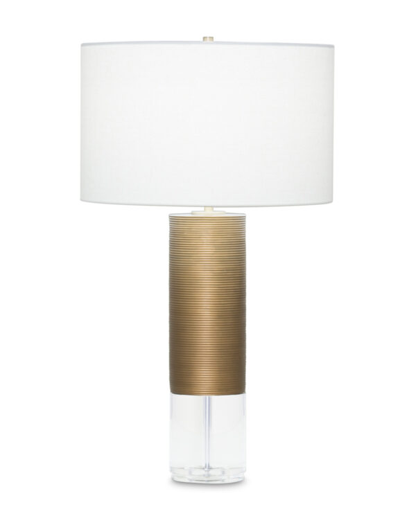 FlowDecor Sage Table Lamp in resin with antique brass finish and finely ribbed surface and crystal and off-white linen drum shade (# 3909)