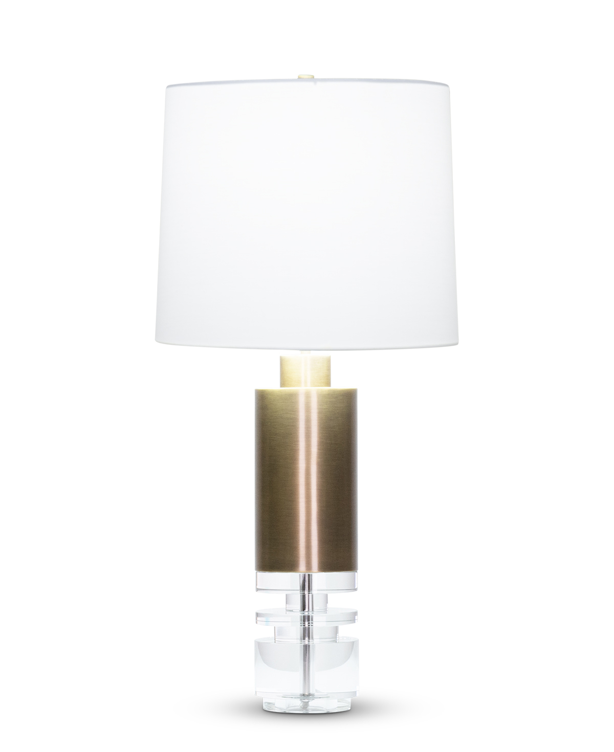 FlowDecor Scott Table Lamp in crystal and metal with antique brass finish and off-white cotton tapered drum shade (# 4527)