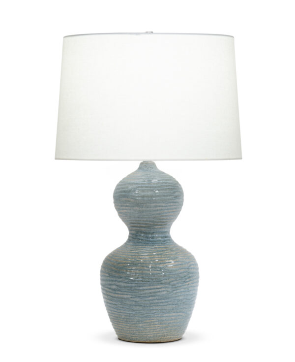 FlowDecor Theresa Table Lamp in ceramic with blue & sand finish and off-white linen tapered drum shade (# 4572)