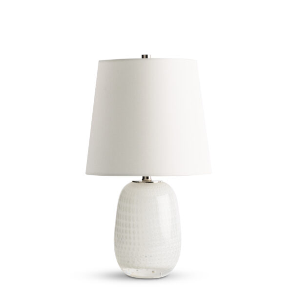 FlowDecor Arezzo Table Lamp in glass with opaque white finish with bubbles and off-white cotton tapered drum shade (# 4690)