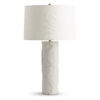 FlowDecor Bettona Table Lamp in ivory composite stone and metal with antique brass finish and off-white linen tapered drum shade (# 4723)