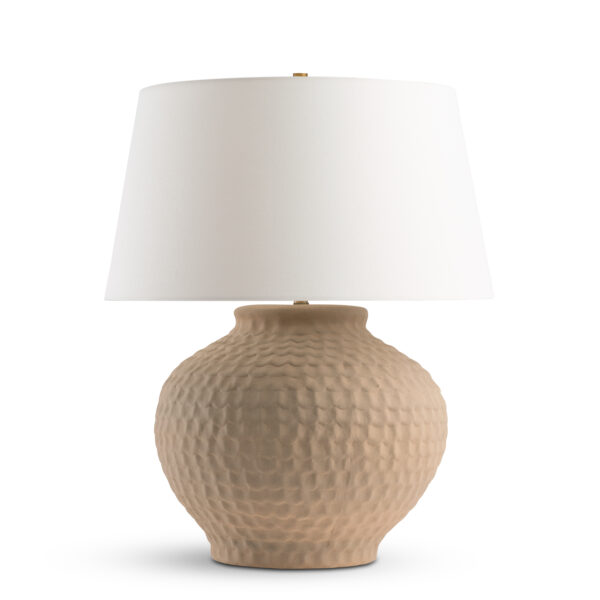 FlowDecor Catania Table Lamp in ceramic with sand finish and off-white linen tapered drum shade (# 4706)