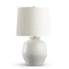 FlowDecor Genoa Table Lamp in ceramic with off-white light sheen finish with faint lines and off-white linen tapered drum shade (# 4704)