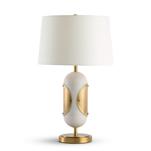 FlowDecor Ovaro Table Lamp in ivory composite stone and metal with antique brass finish and off-white linen tapered drum shade (# 4710)