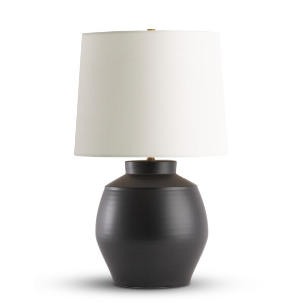 FlowDecor Pavia Table Lamp in ceramic with black light sheen finish with faint lines and off-white linen tapered drum shade (# 4705)