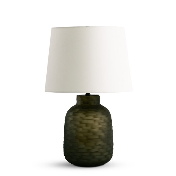 FlowDecor Pescara Table Lamp in glass with dark green textured finish and off-white linen tapered drum shade (# 4691)