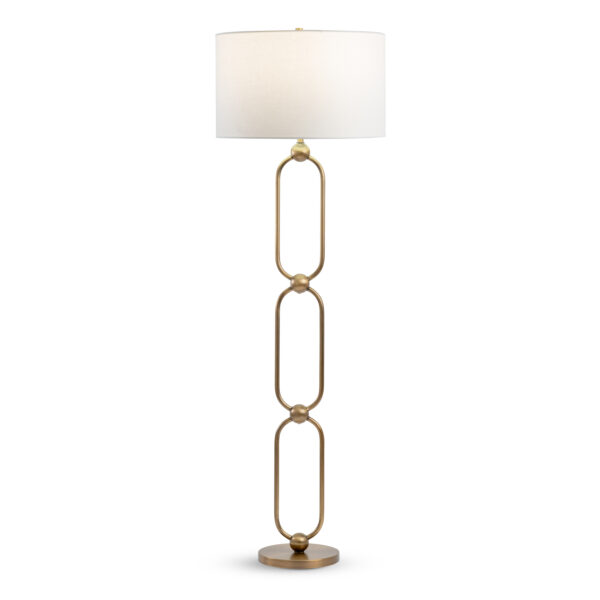 FlowDecor Veneto Floor Lamp in metal with antique brass finish and off-white linen drum shade (# 4713)